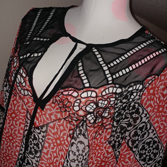 Bebe | cut out boho red \ black sheer tunic M - Picture 4 of 7